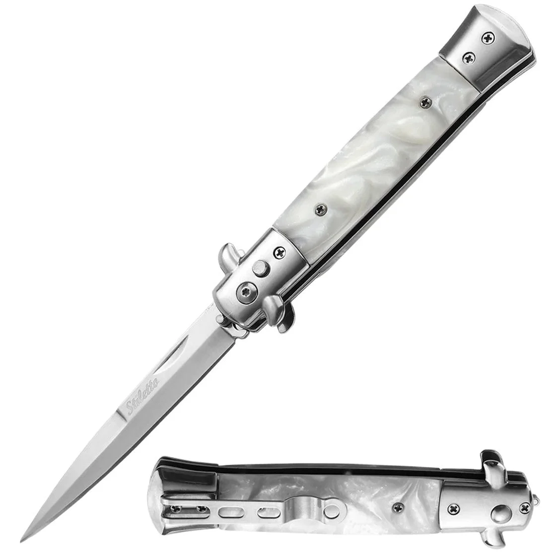 Automatic OTS Stainless Steel Stiletto Knife 4" w/ Safety Lock