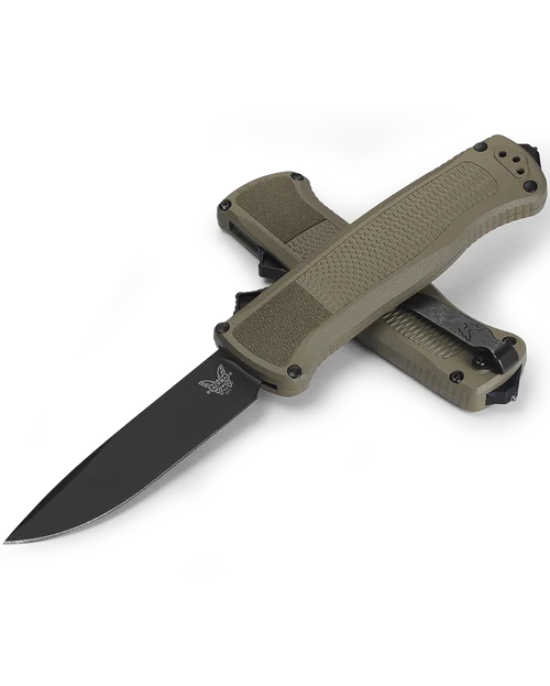 Benchmade 5371BK-01 Shootout OTF Automatic - 3.5" Drop Point CPM-CruWear PVD Coated Blade - Ranger Green Grivory Handle w/Glass Breaker