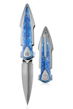 Bestech Ika Folding Knife Beadblast Titanium/Timascus Handle M390 Dagger Plain Edge Mirror Polish Finish BT2602G