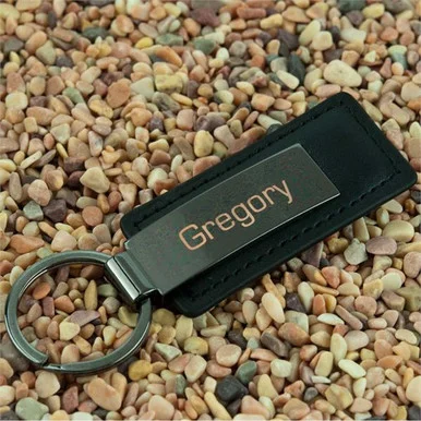 Black Faux Leather Fob with Curved Gunmetal Plate - Personalized Keyring