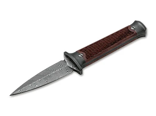 Boker 121515DAM P08-Damast Fixed Blade - 3.23" Chad Nichols Damascus Full Tang Blade - Checkered Rosewood Scales - Black Leather Sheath w/UltiClip