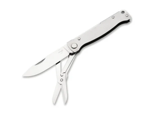 Boker Plus Atlas Multi SW Slipjoint Folder - 2.64" Sandvik 12C27 Drop Point Blade & Scissors - Stonewash Finish Stainless Steel Handle - 01BO857