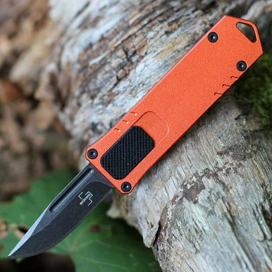 Boker Plus USB OTF 2.0 - 1.77" D2 Blackwashed Plain Drop Point Blade Burnt Orange Aluminum Handle 06EX267