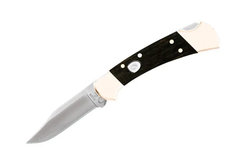 Buck Knives 0112BRSA Ranger Auto AUTOMATIC - 3.0" Plain Edge 420HC Blade - Crelicam Ebony Handle w/Brass Bolsters - Black Leather Sheath