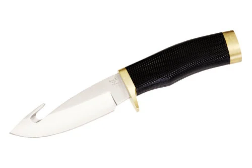 Buck Knives 0691BKG Zipper - 4.125" Plain Edge 420HC Blade - Checkered Black Rubber Handle w/Brass Guard & Pommel - Black Nylon Sheath