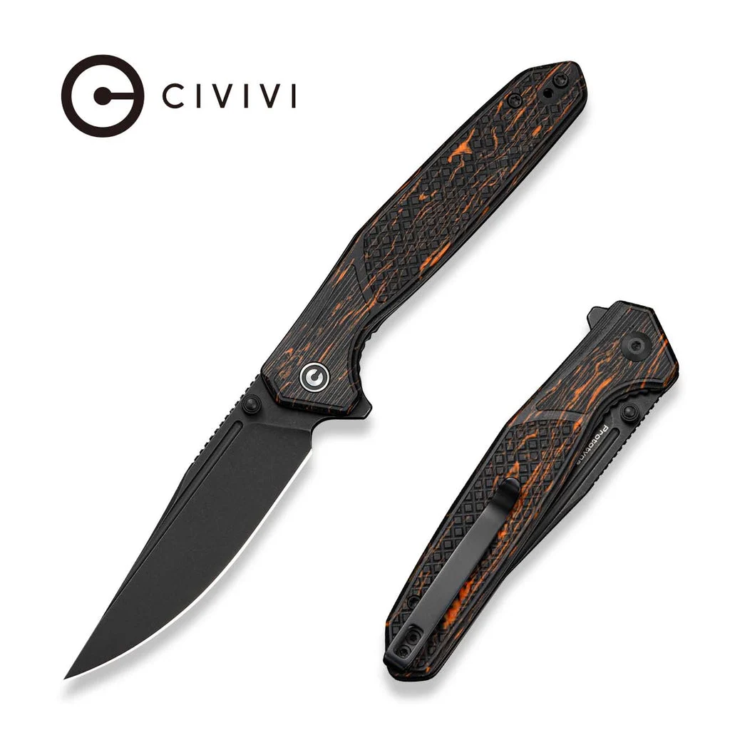 CIVIVI AristoFlick Flipper & Thumb Stud Knife Black & Orange G10 Handle (3.48" Black Stonewashed Nitro-V Blade) C24093 Sample1