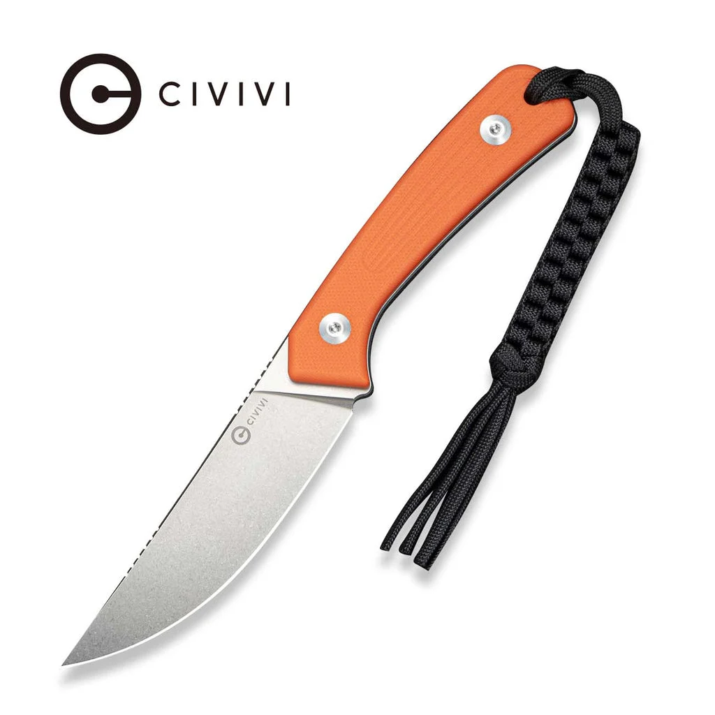 CIVIVI Carveth Fixed Blade Knife Orange G10 Handle (3.59" Stonewashed AEB-L Blade) C25040 Sample1, With 1PC Black Lanyard, Black Kydex Sheath & T-Clip