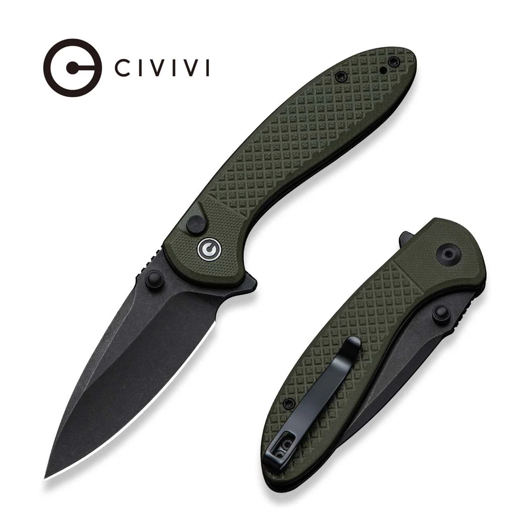 CIVIVI Faeger Flipper & Thumb Stud & Button Lock Knife Milled OD Green G10 Handle (2.98" Black Stonewashed 14C28N Blade) C24031-2