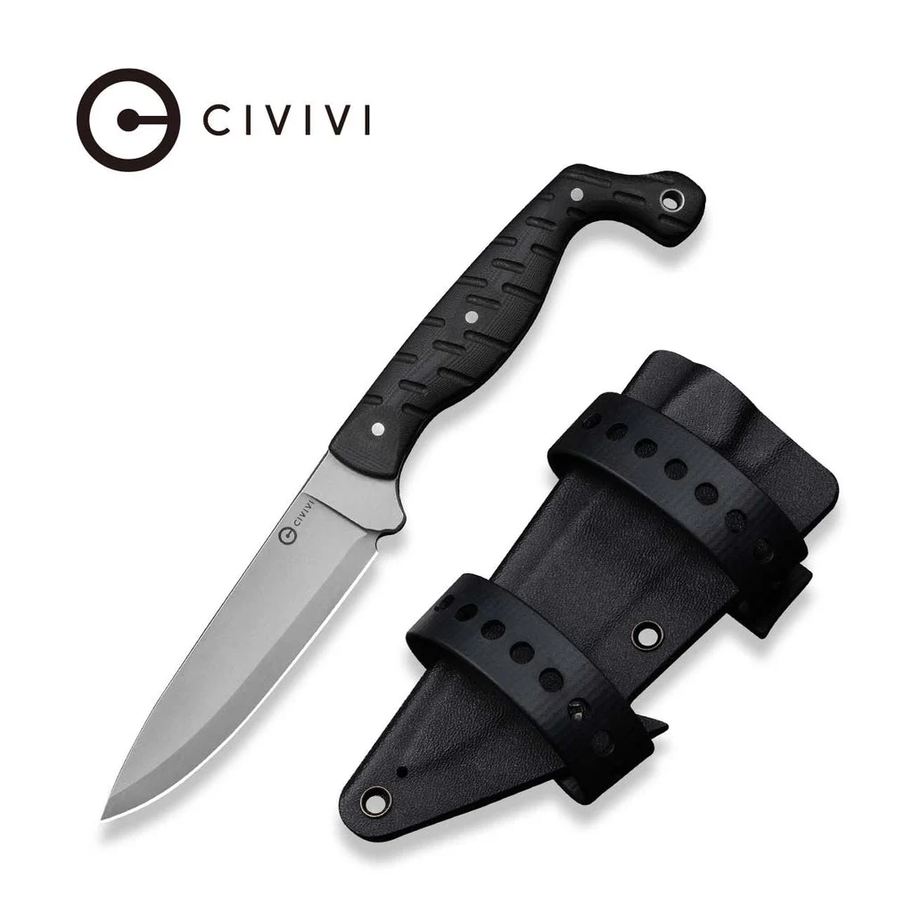 CIVIVI MDRN Hunter Fixed Blade Knife Black G10 Handle (4.12" Stonewashed Nitro-V Blade) C23078-1, With 1PC Black Kydex Sheath & 2PCS Black Straps