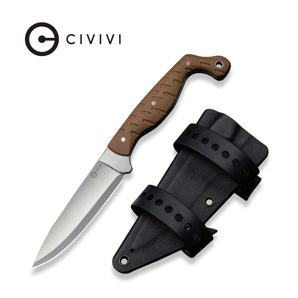 CIVIVI MDRN Hunter Fixed Blade Knife Brown G10 Handle (4.12" Satin Finished Nitro-V Blade) C23078-2, With 1PC Black Kydex Sheath & 2PCS Black Straps