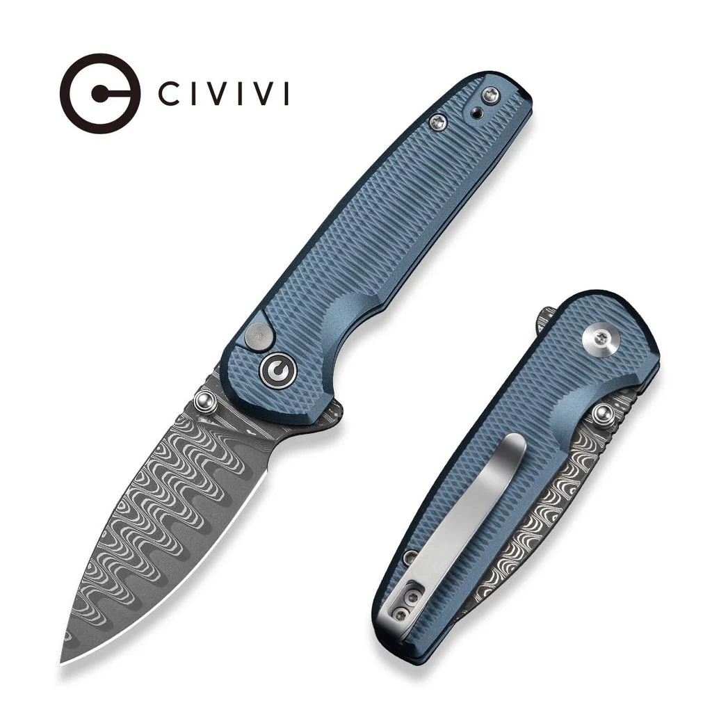 CIVIVI Mini Shakan Flipper & Thumb Stud & Button Lock Knife Ripple Patterned Blue Aluminum Handle (2.48" Damascus Blade) C20052F-DS1