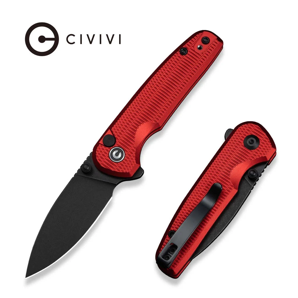 CIVIVI Mini Shakan Flipper & Thumb Stud & Button Lock Knife Ripple Patterned Red Aluminum Handle (2.48" Black Stonewashed Nitro-V Blade) C20052F-2