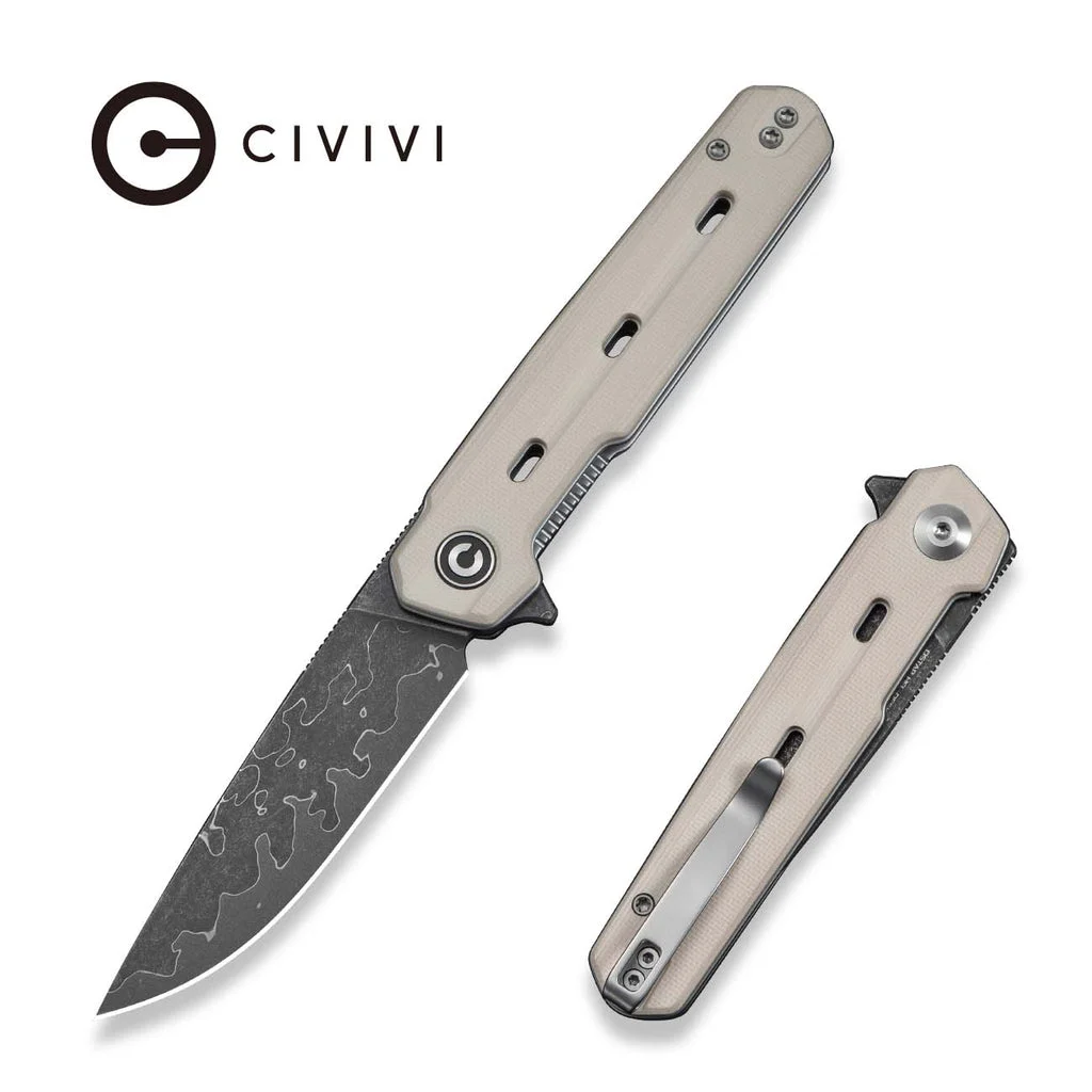 CIVIVI Navo Flipper Knife Ivory G10 Handle (3.25" Damascus Blade) C25015A-DS1