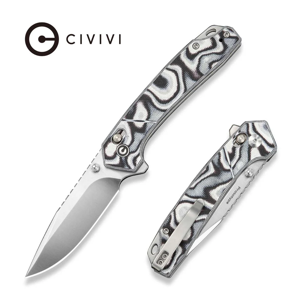 CIVIVI Nemain Flipper & Button Lock Knife Black & White G10 Handle (3.15" Satin Finished Nitro-V Blade) C25083 Sample1