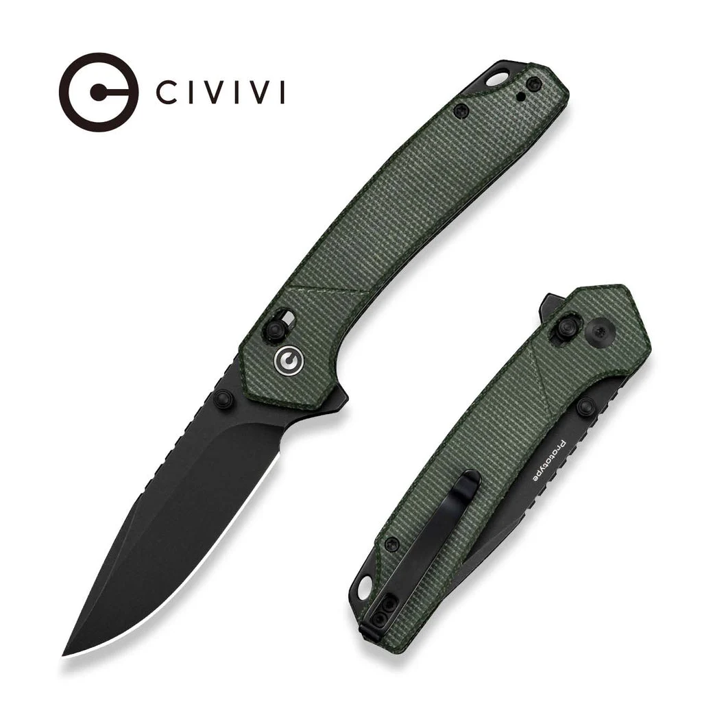 CIVIVI Nemain Flipper & Button Lock Knife Green Canvas Micarta Handle (3.15" Black Stonewashed Nitro-V Blade) C25083 Sample2