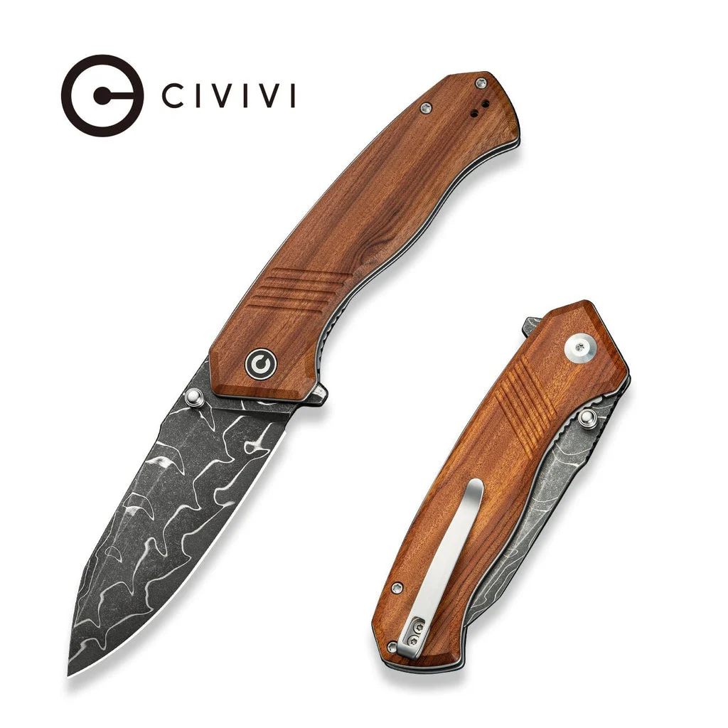 CIVIVI Placoid Flipper & Thumb Stud Knife Wood Handle (3.67" Damascus Blade) C23079-DS1