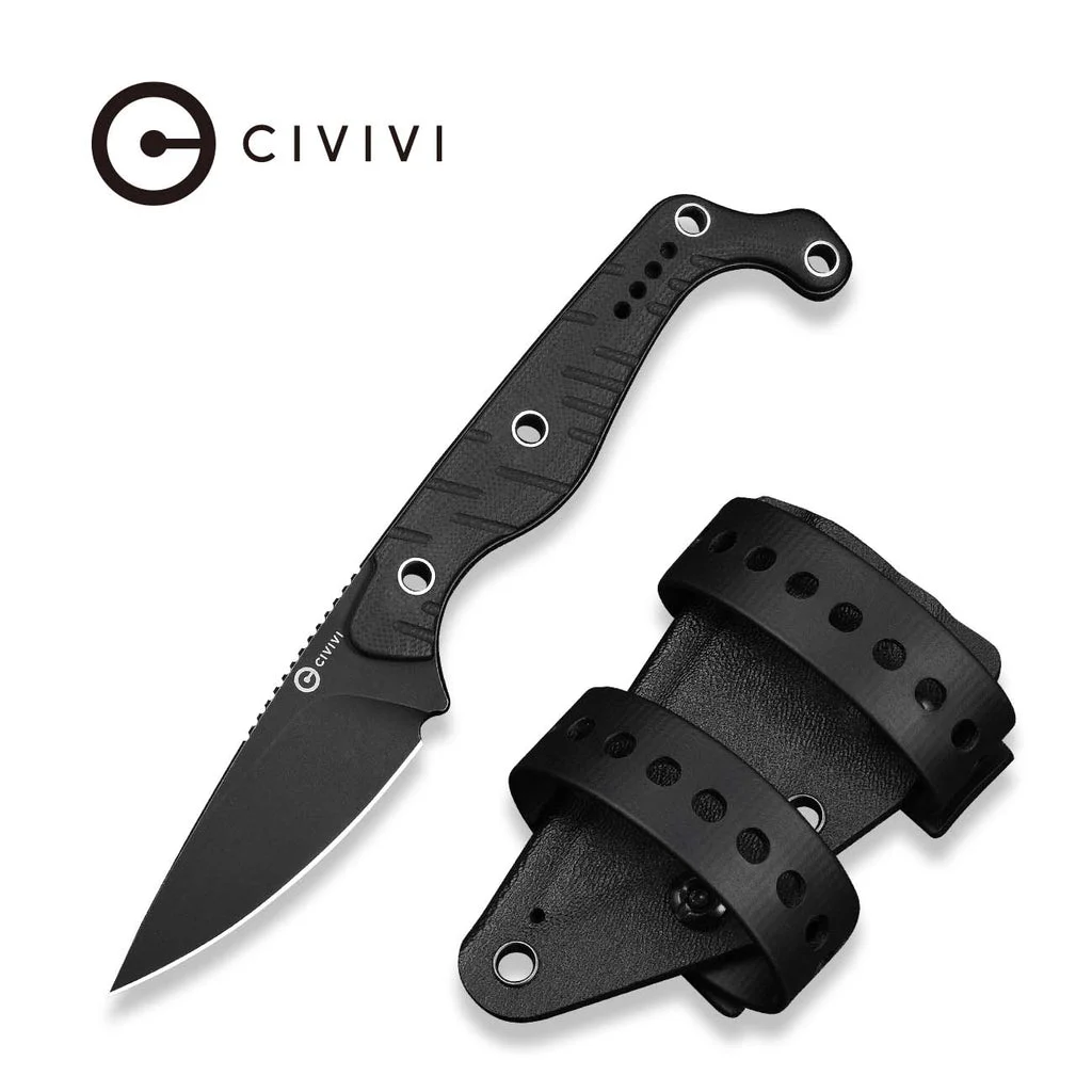 CIVIVI SŌKN Fixed Blade Knife Black G10 Handle (2.82" Black Stonewashed Nitro-V Blade) C22027-3, With 1PC Black Kydex Sheath & 2PCS Black Straps
