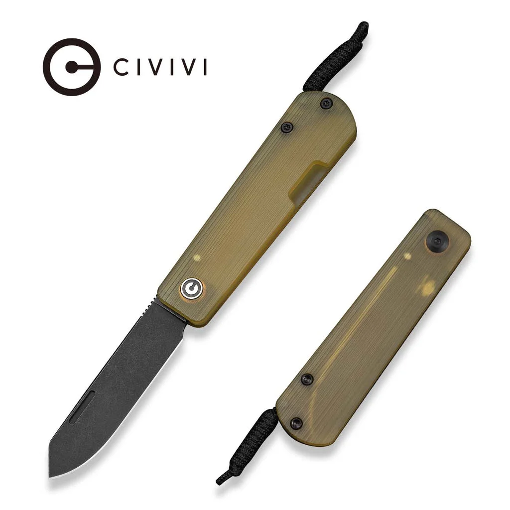 CIVIVI Slippy Sendy Slip Joint Knife Milled Bead Blasted Yellow Ultem Handle (2.81" Black Stonewashed Nitro-V Blade)C24075A-1, With Black Paracord Lanyard Attached