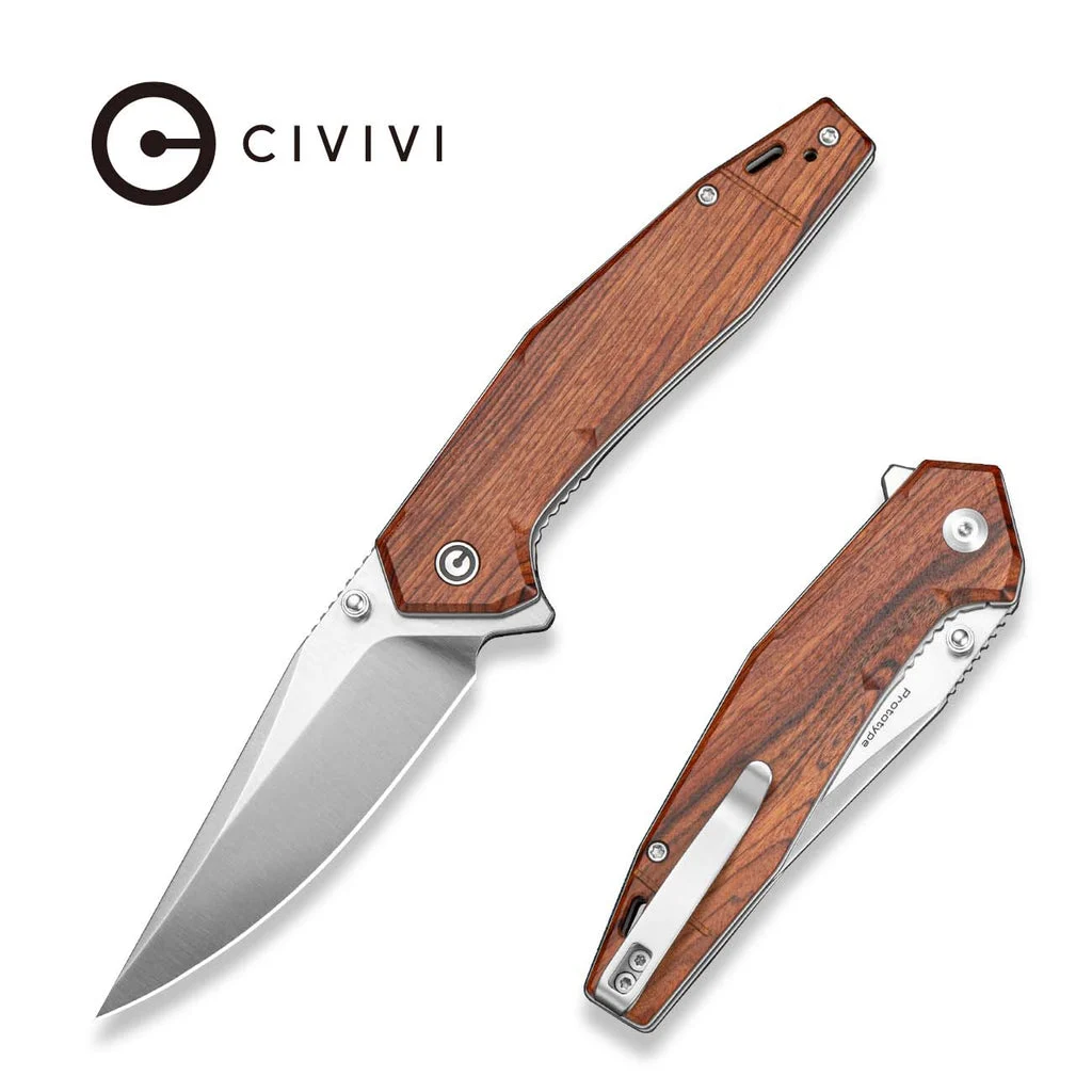 CIVIVI Stravion Flipper & Thumb Stud Knife Guibourtia Wood Handle (3.42" Satin Finished Nitro-V Blade) C25043 Sample2