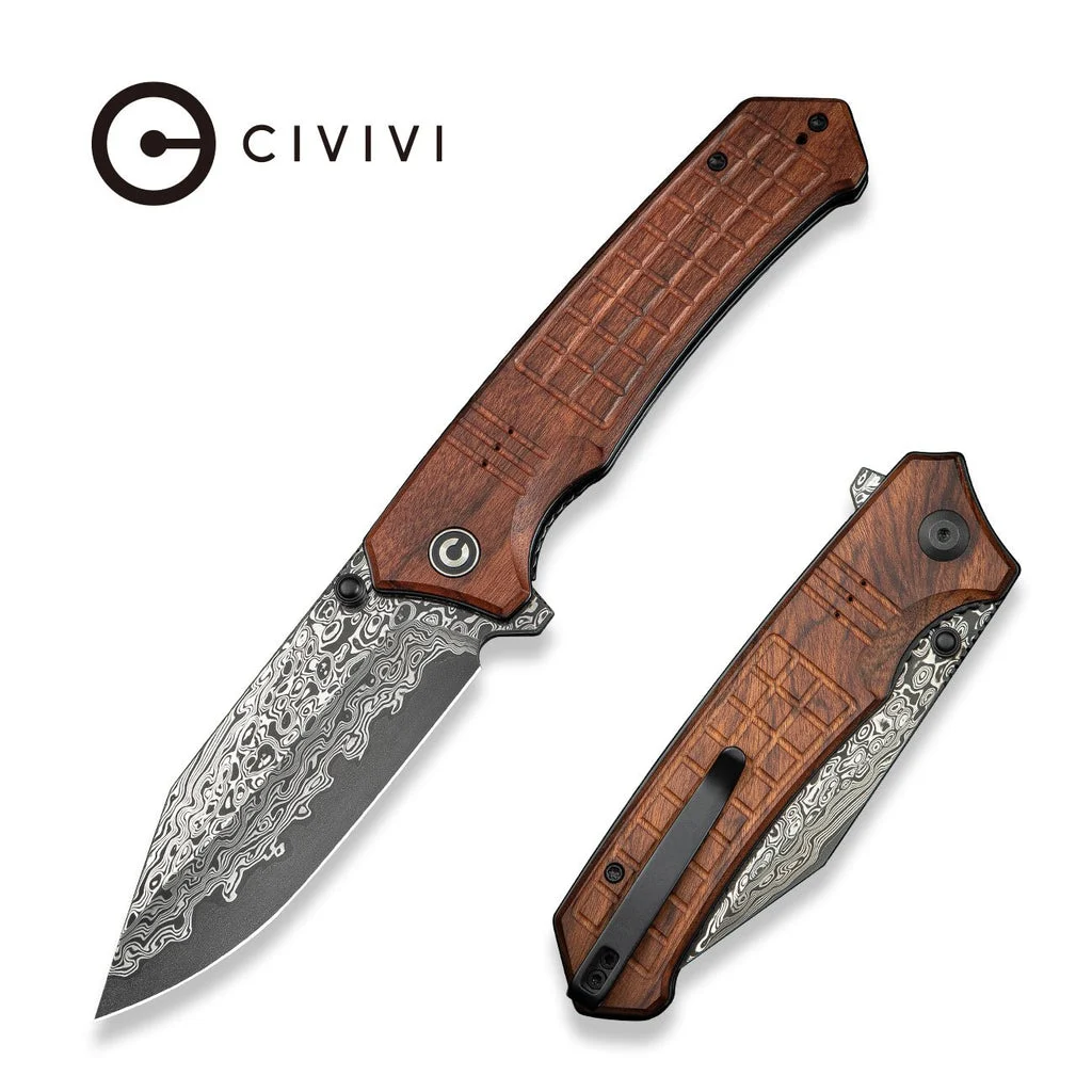 CIVIVI Tacticorix Flipper & Thumb Stud Knife Wood Handle (3.7" Damascus Blade) C23055-DS1 , With No Free Gift