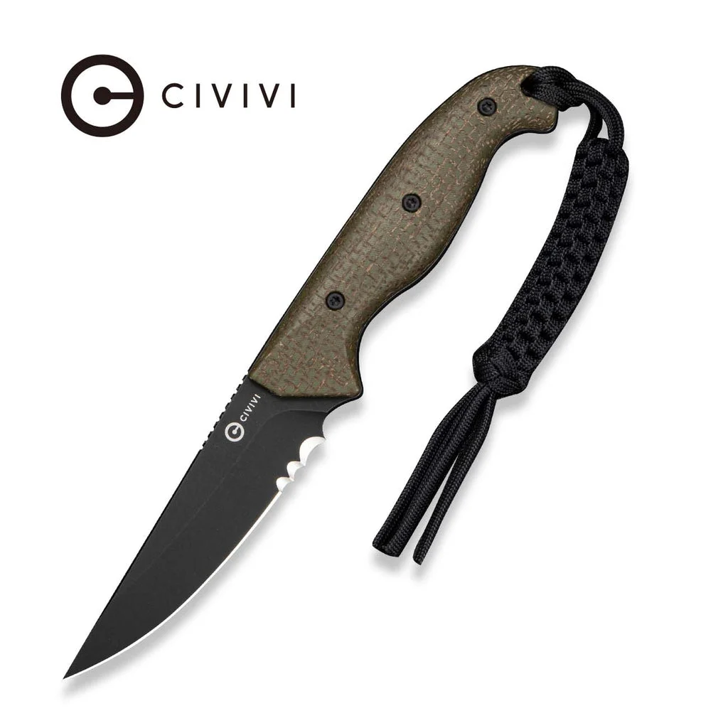 CIVIVI Torvyn Fixed Blade Knife Green Burlap Micarta Handle (3.57" Black Stonewashed AEB-L Blade) C25034B Sample2, With 1PC Black Lanyard, Black Kydex Sheath & T-Clip