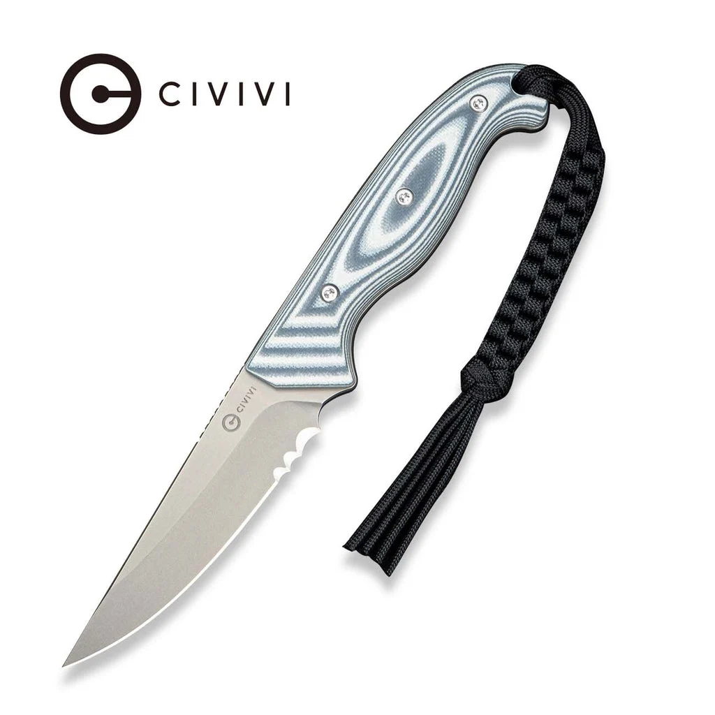 CIVIVI Torvyn Fixed Blade Knife Layered Neutral Blue & White G10 Handle (3.57" Stonewashed AEB-L Blade) C25034B Sample1, With 1PC Black Lanyard, Black Kydex Sheath & T-Clip