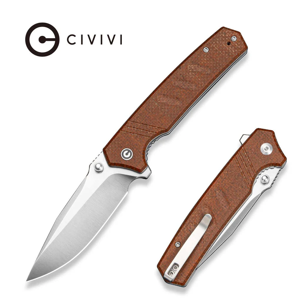 CIVIVI Trellex Flipper & Thumb Stud Knife Brown Burlap Micarta Handle (3.5" Satin Finished Nitro-V Blade) C25013 Sample2
