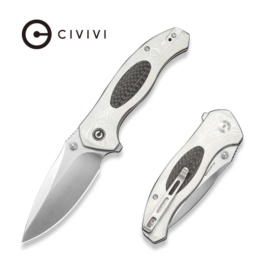 CIVIVI Vyrent Flipper & Thumb Stud Knife Silver G10 & Aluminum Foil Handle With Black Twill Carbon Fiber Inlay (3.48" Satin Finished Nitro-V Blade) C25037 Sample2