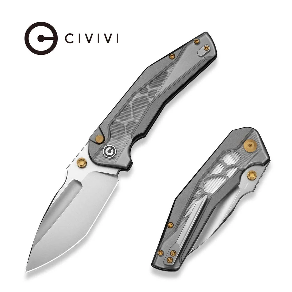 CIVIVI Wellmax Thumb Stud & Button Lock Knife Gray Aluminum Handle With Polished Clear Lexan Inlay (3.6" Satin Finished 14C28N Blade) C24008C-1