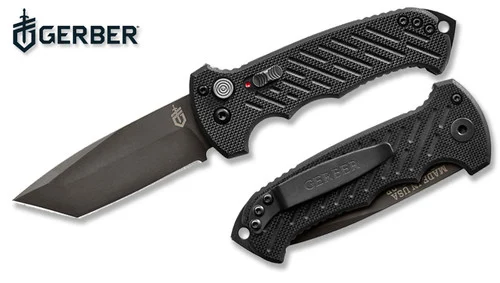 Gerber 30-001296 06 AUTOMATIC - 3.8" Black Finish Plain Edge CPM-S30V Tanto Blade - Black G-10 Handle