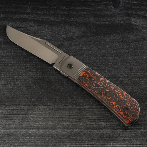 Jack Wolf Knives - The Benny Front Flipper Frame Lock Folder - 3.25" Clip Point CPM-S90V Blade - Fat Carbon Arctic Storm - Ti Pocket Clip ONLY 2 LEFT