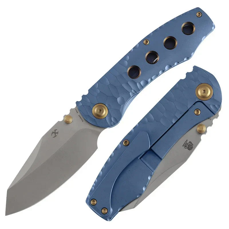 Kansept Caveman Thumb Stub Folding Knife – CPM 20CV Blade, Blue Anodized Titanium Handle