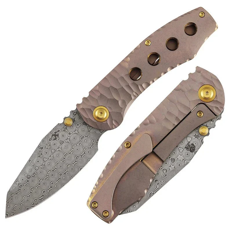 Kansept Caveman Thumb Stub Folding Knife – Damascus Blade, Rose Gold Anodized Titanium Handle