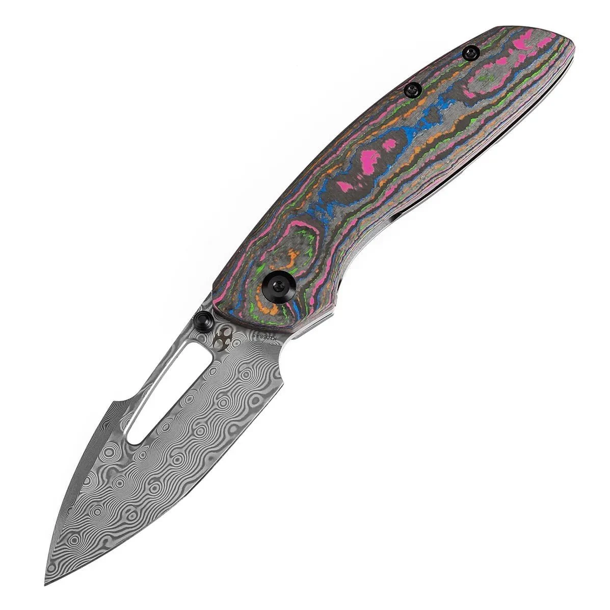 Kansept Link K1068A5 – 3.0" Damascus Harpoon Blade, 80s Camo Carbon Fiber and Blackwashed Titanium Handle, Frame Lock Folding Knife