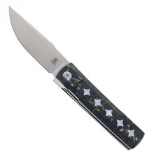 Katsu GENKAI Tsuki Folding Knife Black/Yellow Carbon Fiber/White MOP Handle M390 Plain Edge Satin Finish