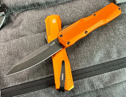 Kershaw 9000ORBW Livewire OTF AUTOMATIC - 3.3" Blackwash CPM-MAGNACUT Blade - Orange Anodized 6061-T6 Aluminum Handle - CUTLERY SHOPPE EXCLUSIVE - SOLD OUT