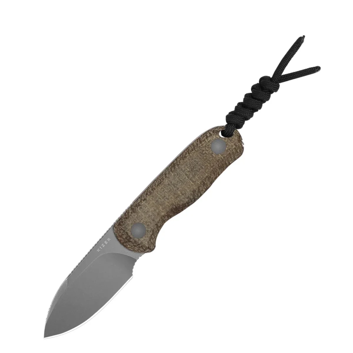 Kizer Drop Bear 1094A1 – 2.57" Gray Stonewashed 14C28N Drop Point Blade, Brown Burlap Micarta Handle, Fixed Blade Knife