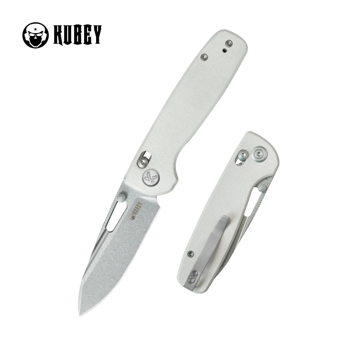 Kubey Bluff KU248G – 3.19" Sandblast 14C28N Drop Point Blade, White G10 Handle, Axis Lock Folding Knife