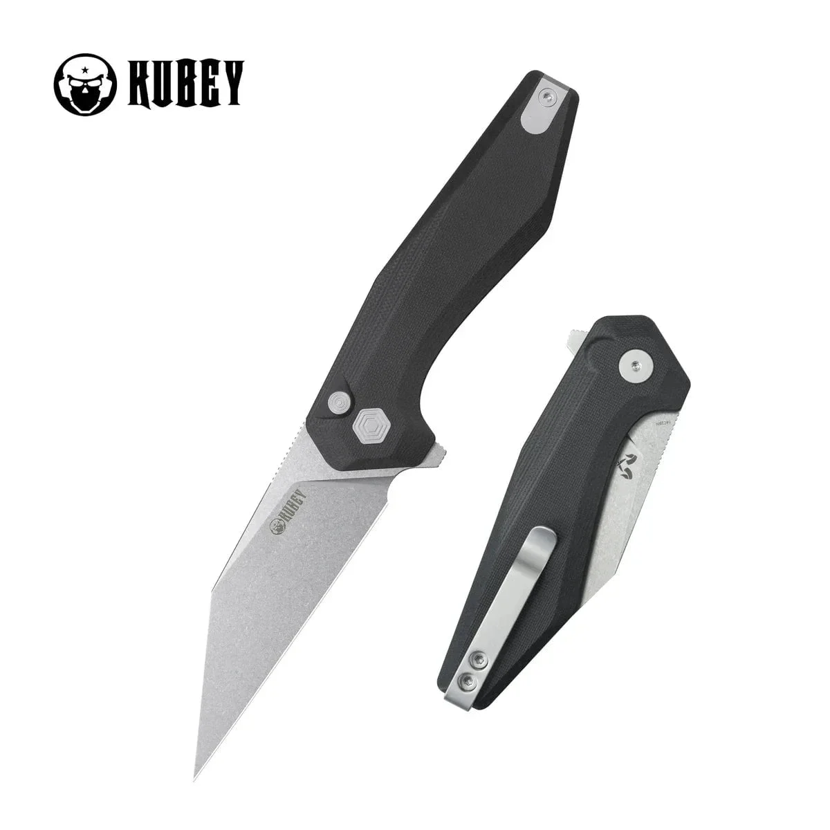 Kubey Fenrir KU393A – 3.27" Stonewashed 14C28N Wharncliffe Blade, Black G-10 Handle, Button Lock Folding Knife