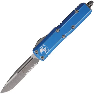 Microtech UTX-85 S/E - Distressed Blue Aluminum (3.125" Premium Steel) MCT23111DBL