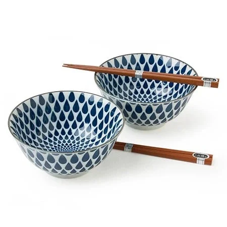 Miya Blue and White Rain Bowl with Chopsticks — Set of 2