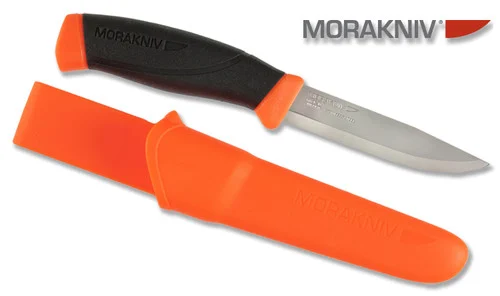 Morakniv 11824 Companion Orange - 4.1" Satin Finish Plain Edge Sandvik 12C27 Stainless Steel Blade - Black/Orange TPE Handle - Orange Polymer Sheath