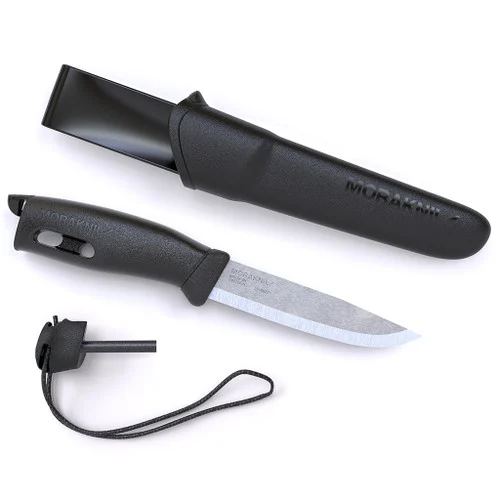 Morakniv 13567 Companion Spark - 4.1" Scandi Grind Sandvik 12C27 Stainless Steel Blade - Black TPE Handle w/Fire Steel - Black Polymer Sheath
