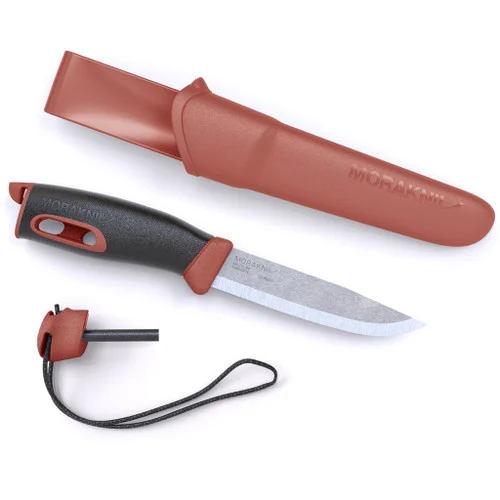 Morakniv 13571 Companion Spark - 4.1" Scandi Grind Sandvik 12C27 Stainless Steel Blade - Red/Black TPE Handle w/Fire Steel - Red Polymer Sheath