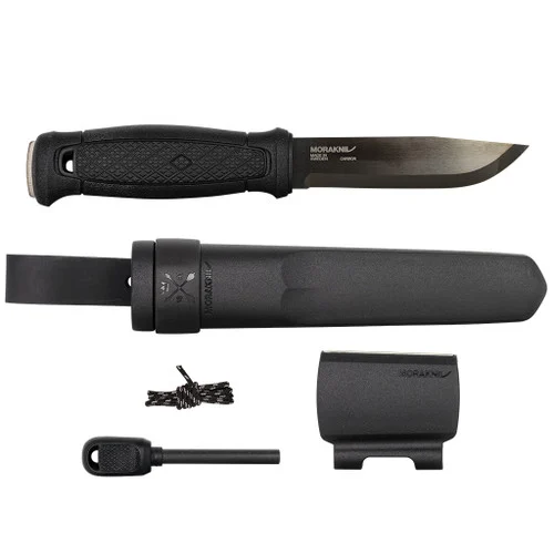 Morakniv 13915 Garberg Bushcraft w/Survival Kit - 4.3" Black Blade Sandvik 14C8N Stainless Steel Blade - Black TPE Handle - Multi-Mount Sheath