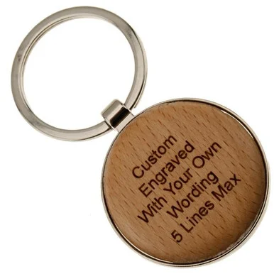 Nickel-plated Key Fob with Wood Insert Round - PERSONALIZED