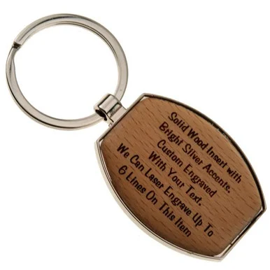 Nickel-plated Key Fob with Wood Insert Wide Oval - PERSONALIZED