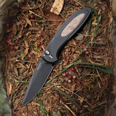 Pro-Tech Cambria 2 - 3.38" CPM-MagnaCut DLC Black Plain Edge Drop Point Blade, Black Aluminum / Maple Burl Inlay Handle - CF2103-LTD-Maple