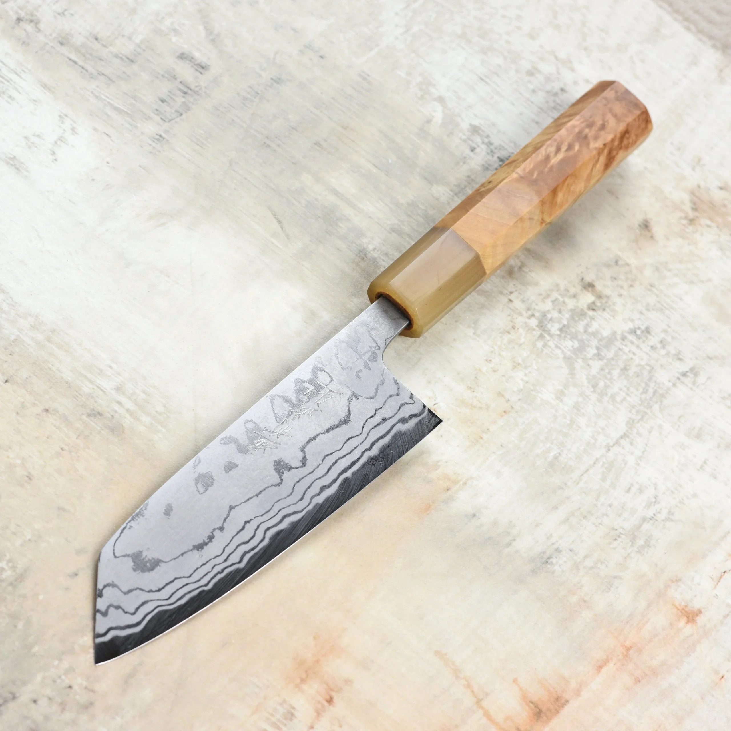 Shiro Kamo Shirogami #2 Damascus 5.1" Ko-Bunka