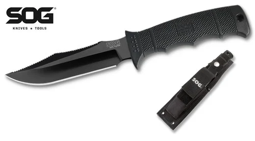SOG Knives E37SN SEAL Pup Elite - 4.85" Black TiNi Finish Plain Edge AUS-8 Blade - Black GFN Handle - Black MOLLE Nylon Sheath